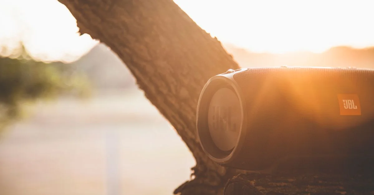 Primer plano de un altavoz Bluetooth portátil sobre un árbol con reflejos del sol, creando una atmósfera vibrante y cálida.