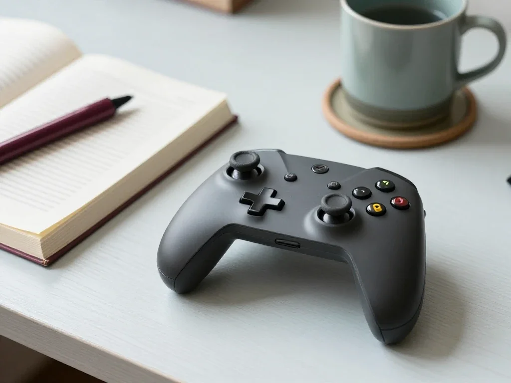 Mando de videojuego sobre un escritorio ordenado junto a un libro, representando tecnología analizada con pausa.