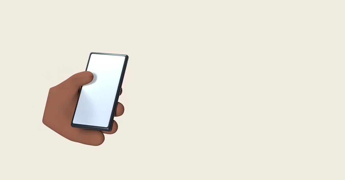 Representación 3D de una mano sosteniendo un smartphone contra un fondo blanco vacío.